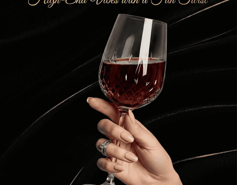 A hand with manicured nails holding a wine glass, symbolizing stylish elegance.